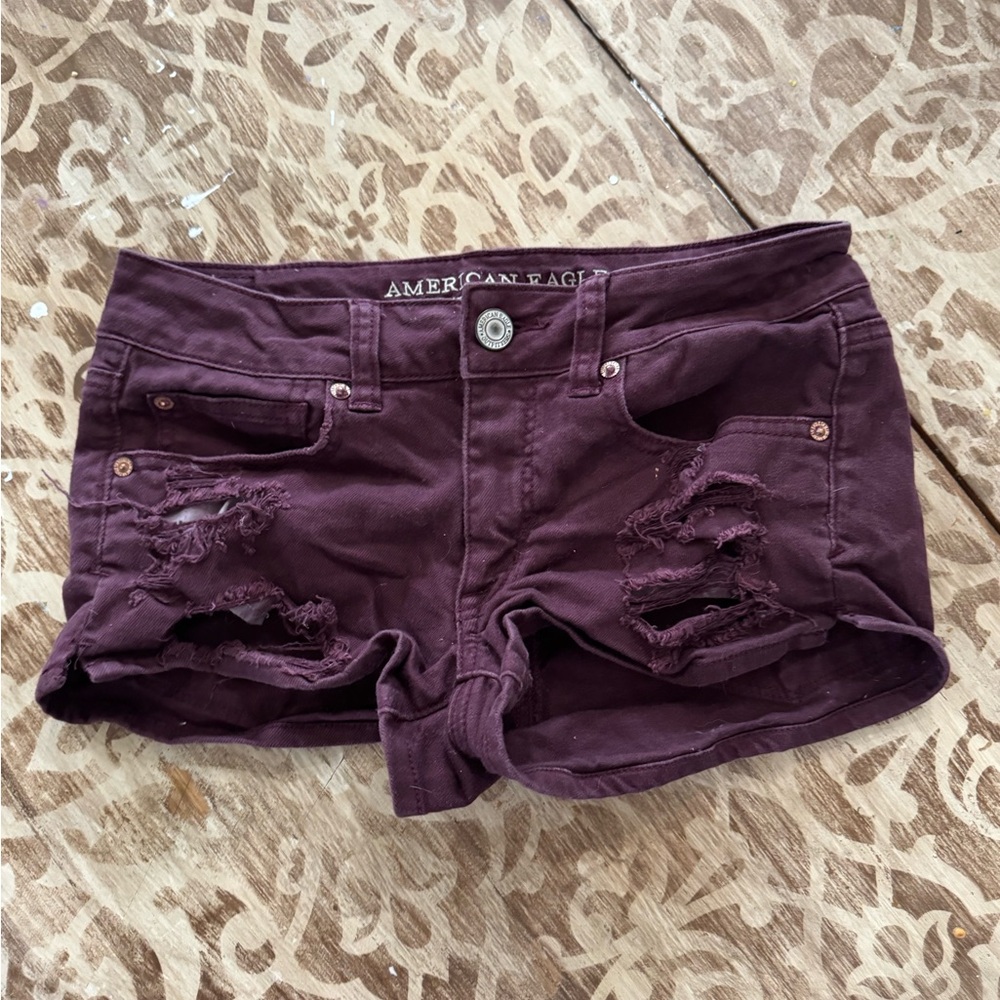 American Eagle Outfitters Women's Dark Purple Distressed Shorts